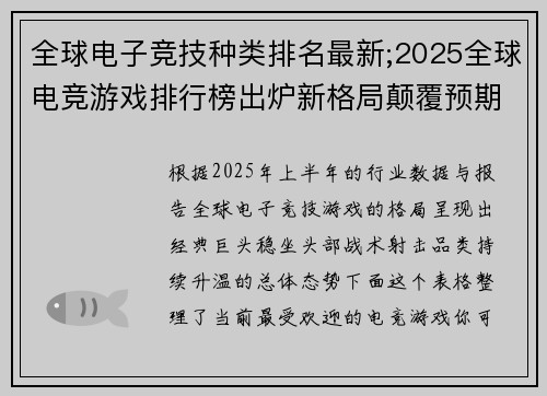 全球电子竞技种类排名最新;2025全球电竞游戏排行榜出炉新格局颠覆预期 